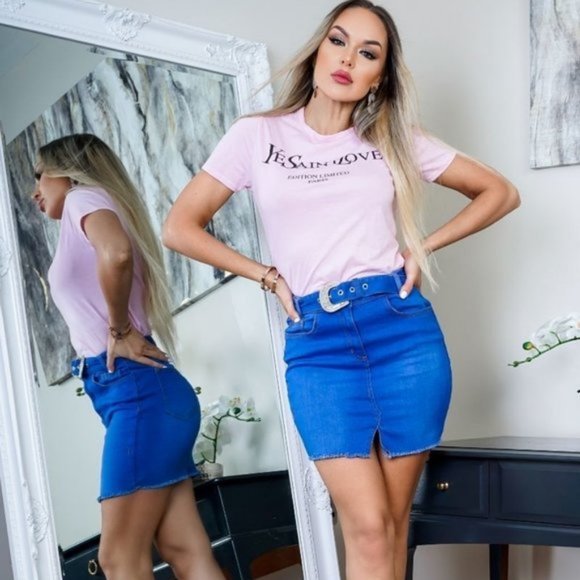 Blue Denim Jeans High Waist Front Slit Bodycon Mini Skirt - Picture 3 of 8